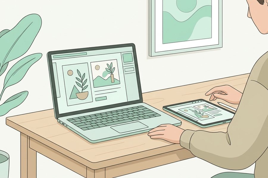 A creator using a laptop and tablet to work on ai images for marketing