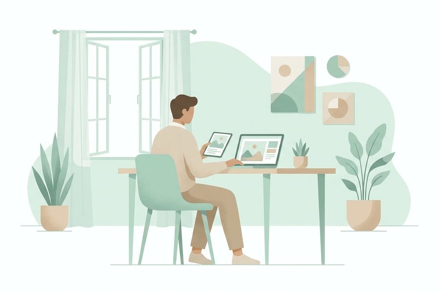 A creator using a laptop and tablet to work on ai images for social media