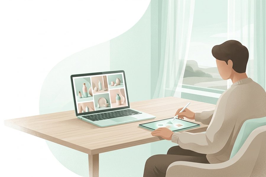 A creator using a laptop and tablet to work on ai product photos for online stores