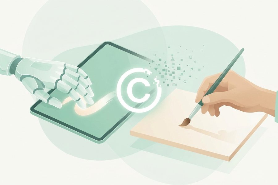 Editorial illustration explaining are ai generated images copyrighted?