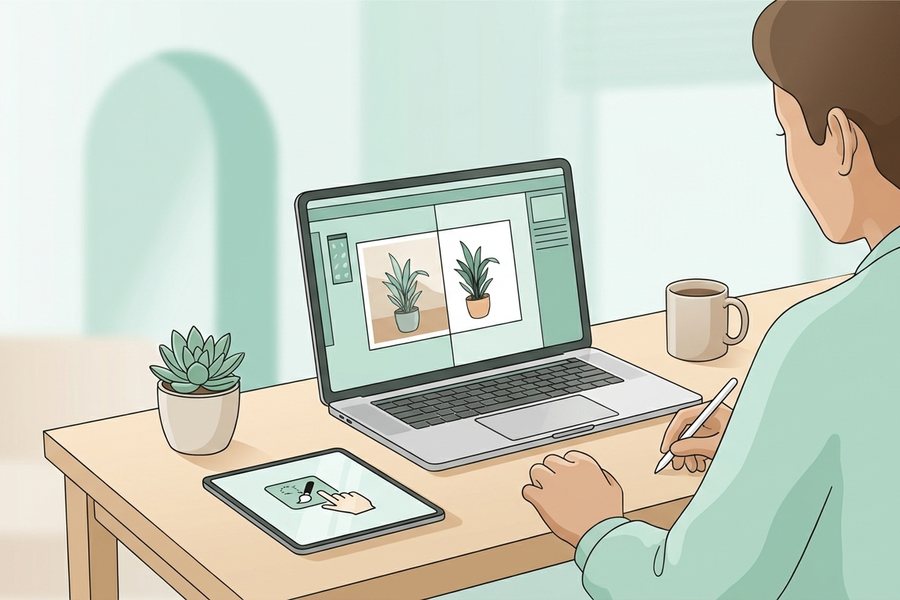 A creator using a laptop and tablet to work on background removal guide