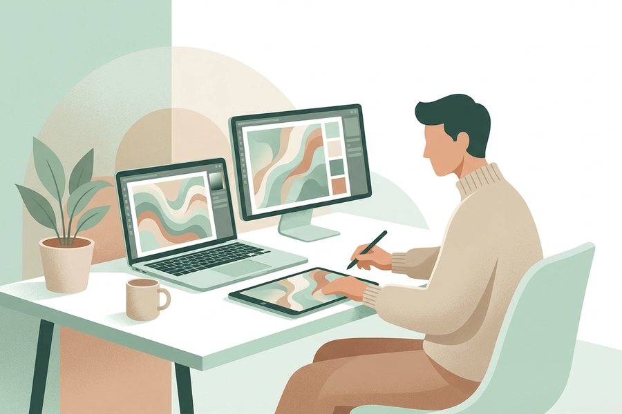 A creator using a laptop and tablet to work on best ai image aspect ratios