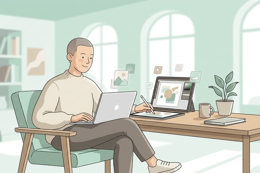 A creator using a laptop and tablet to work on can you use ai images commercially?