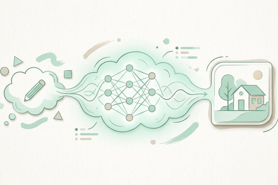 Editorial illustration explaining how ai image generators work