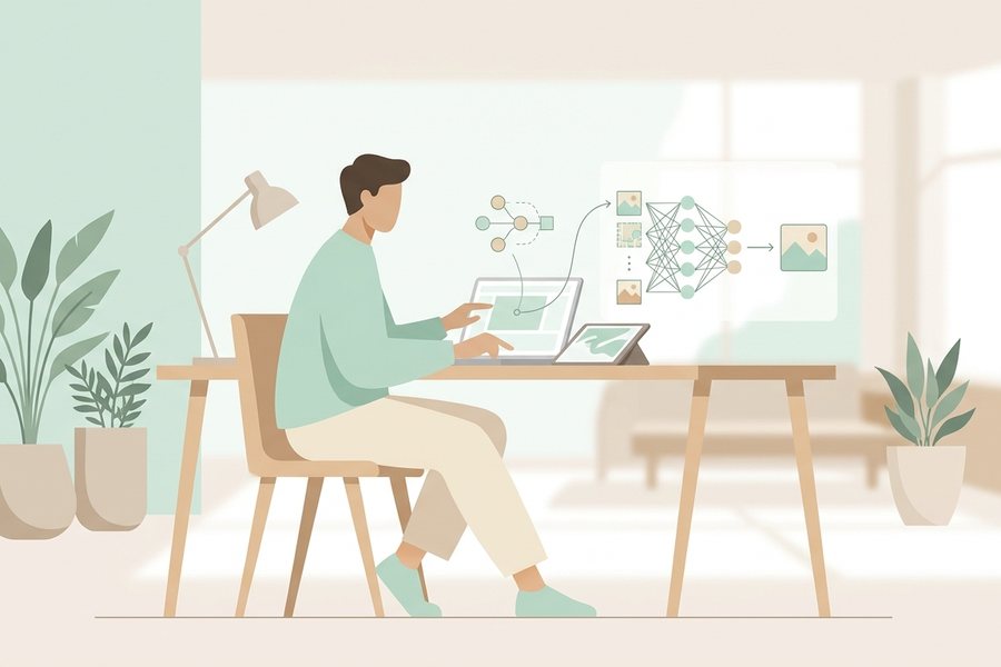 A creator using a laptop and tablet to work on how ai image generators work