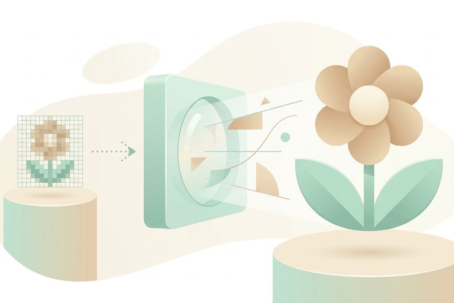 Editorial illustration explaining how image upscaling works