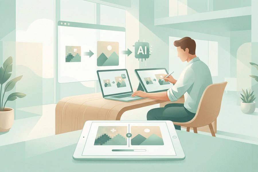 A creator using a laptop and tablet to work on how image upscaling works