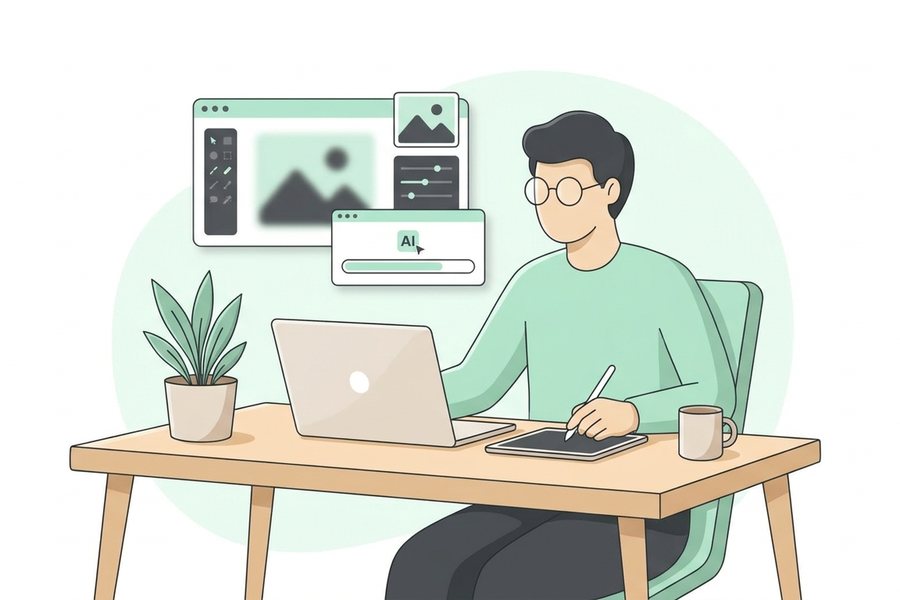 A creator using a laptop and tablet to work on ai image enhancement guide