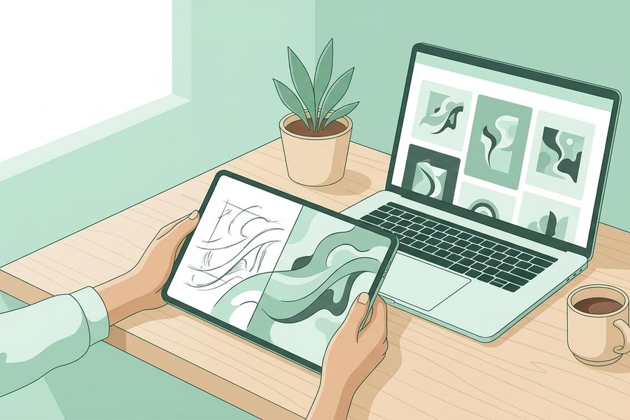 A creator using a laptop and tablet to work on image to image: a simple guide