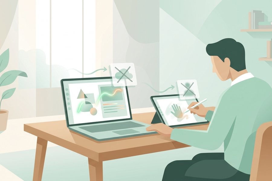 A creator using a laptop and tablet to work on how to use negative prompts