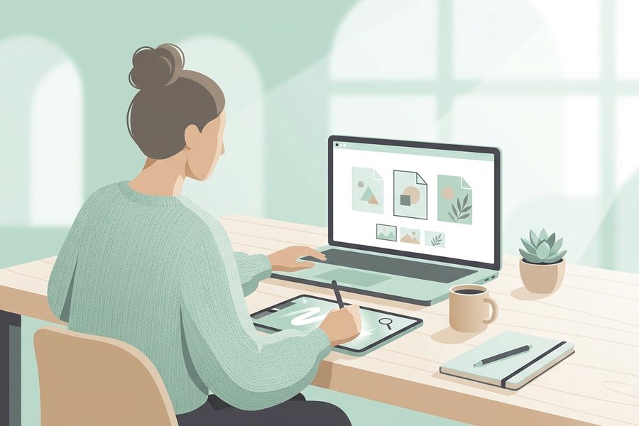 A creator using a laptop and tablet to work on png vs jpg vs webp