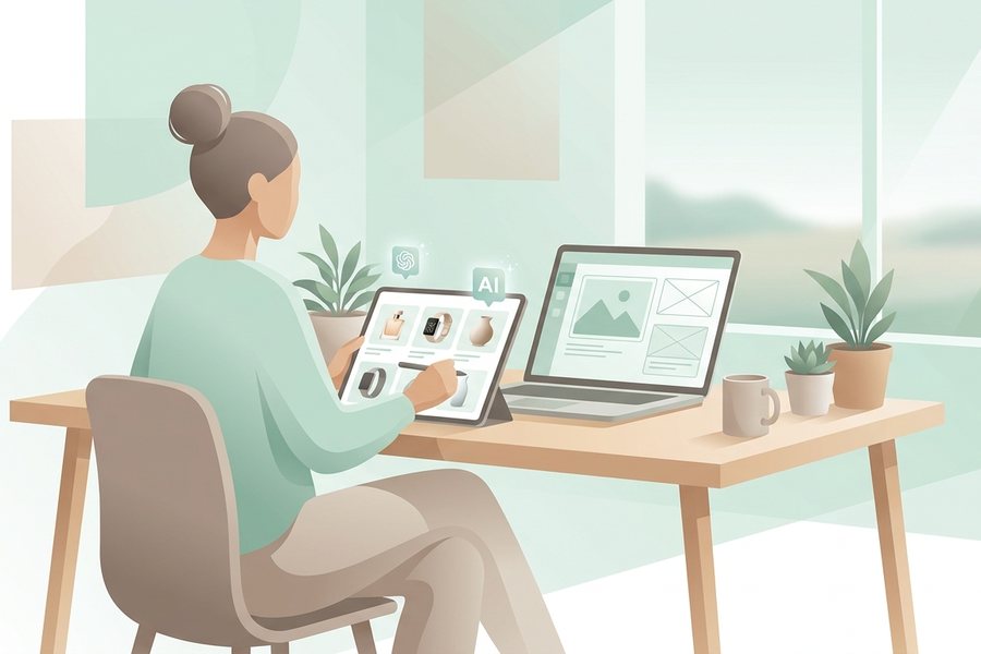 A creator using a laptop and tablet to work on product photo prompts that work