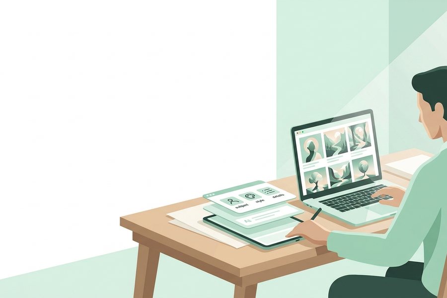 A creator using a laptop and tablet to work on ai image prompt structure