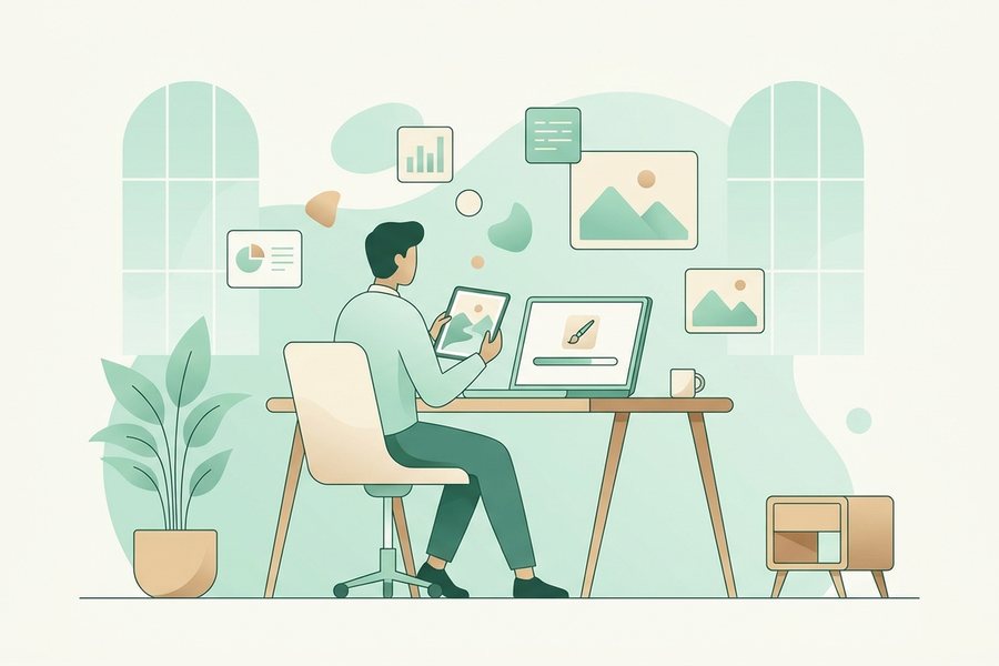 A creator using a laptop and tablet to work on text to image: a simple guide