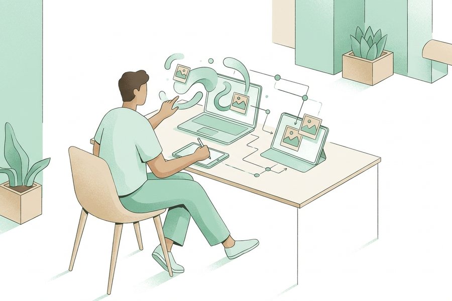 A creator using a laptop and tablet to work on what is ai image generation?