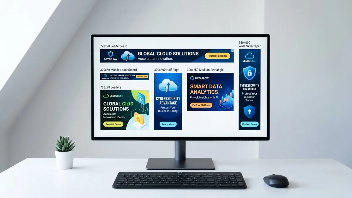 AI-generated display ad banner examples in IAB sizes arranged on a monitor