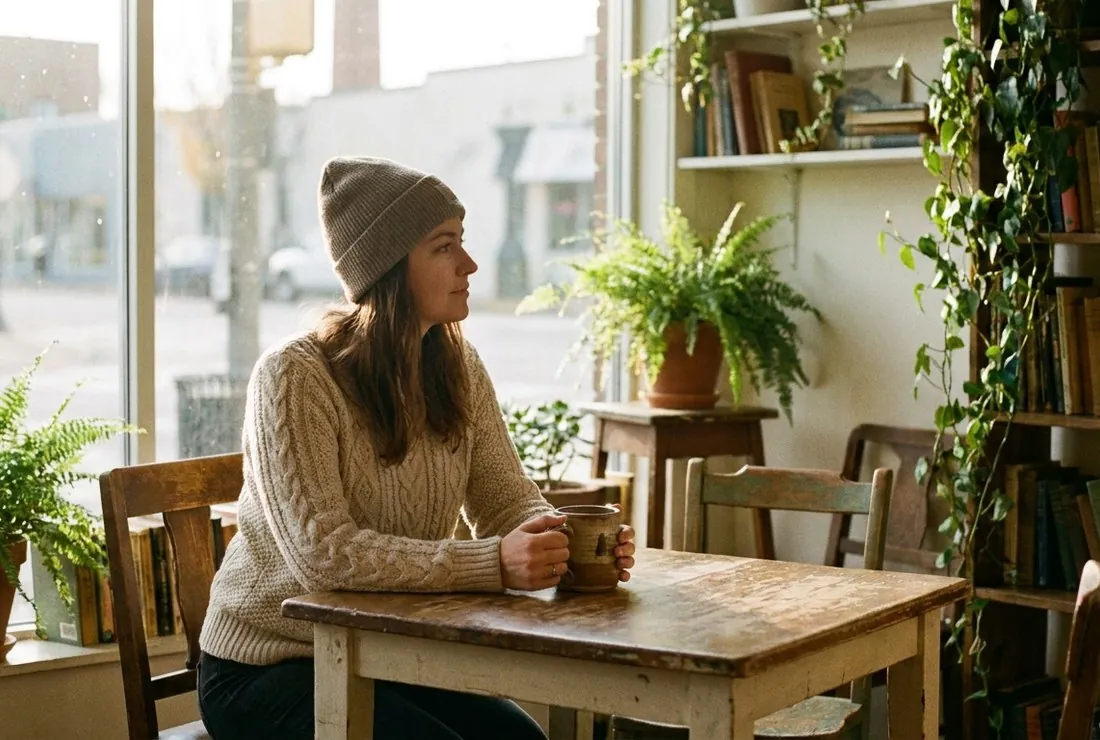 Original photo of a woman in a cafe before AI editing