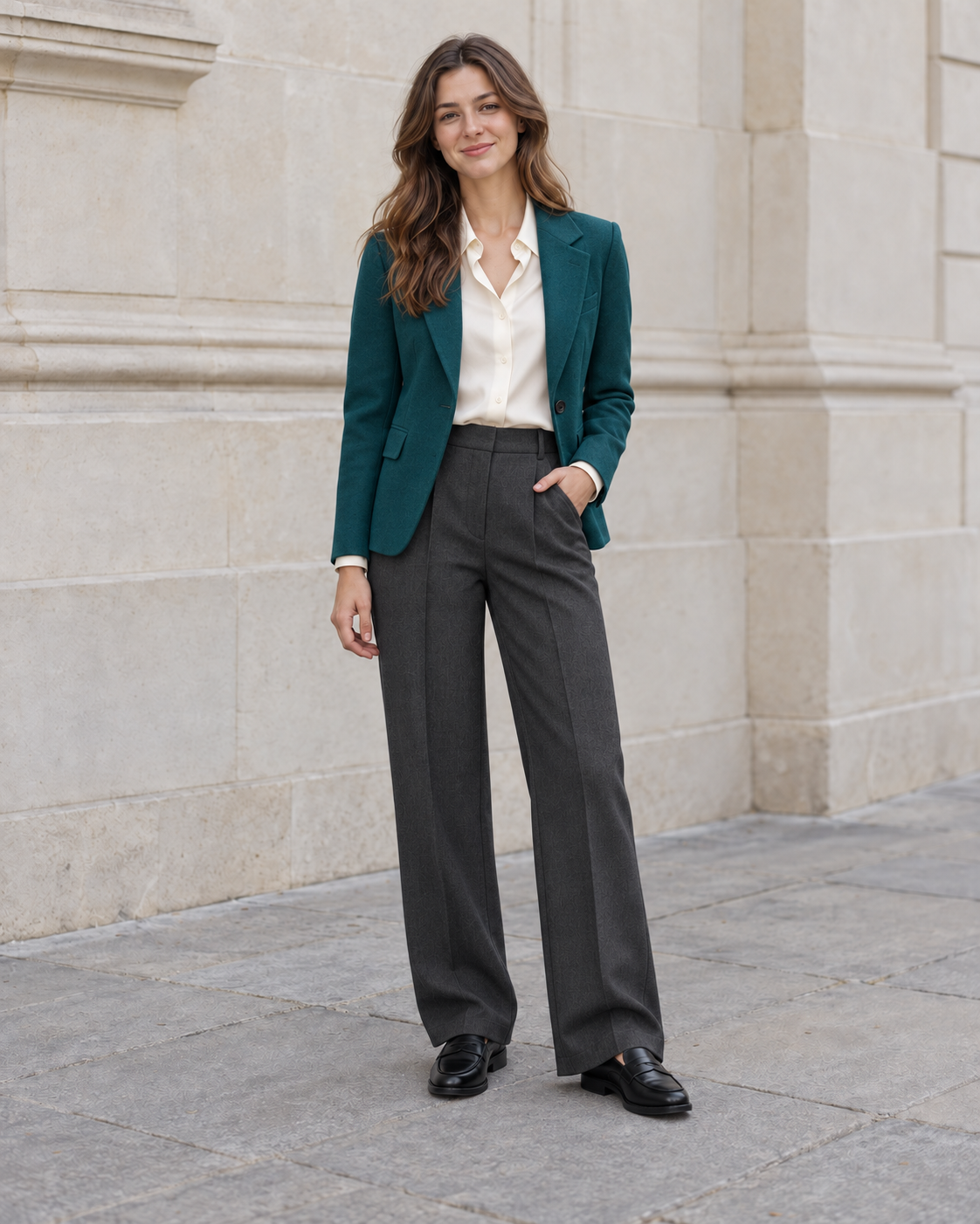 The same AI-generated woman wearing a teal blazer, ivory blouse and charcoal trousers