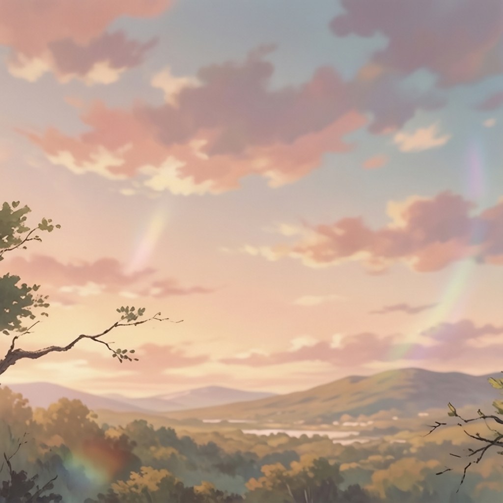 A landscape photo redrawn as a 1990s hand-painted anime cel with a muted film palette, heavy linework and visible grain