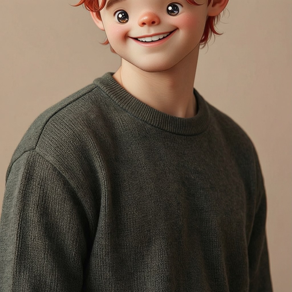A portrait photo redrawn as a cute chibi character with an oversized head, tiny body and huge sparkling eyes