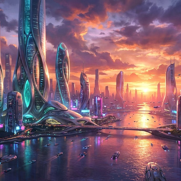 “Futuristic city at sunset” example created with the Text to Image